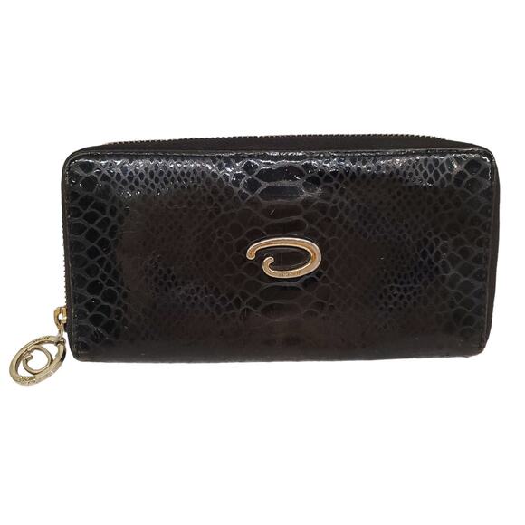Vintage Oscar De La Renta Leather Wallet Black Snakeskin Pattern Wallet - Picture 1 of 16